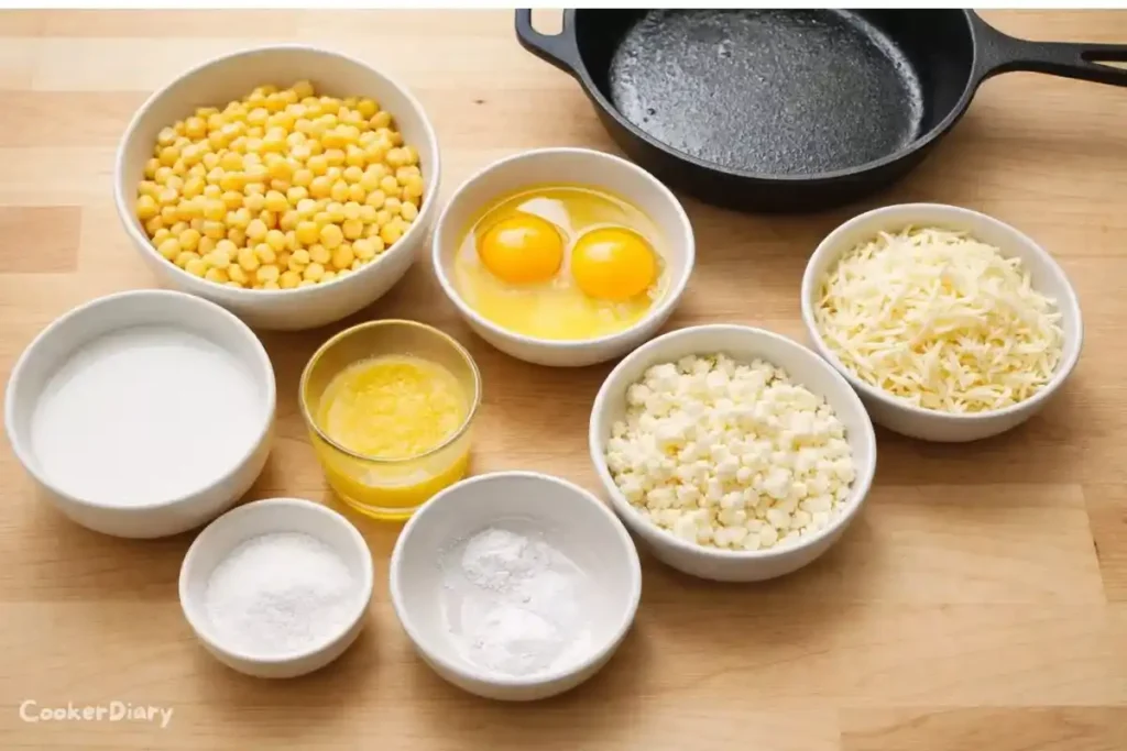 Flat-lay of Arepa de Choclo ingredients on wooden counter