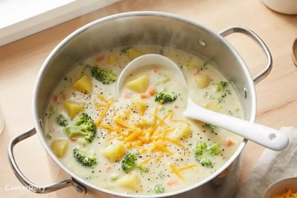 Top-down view of creamy broccoli potato soup in a stainless-steel stock pot.