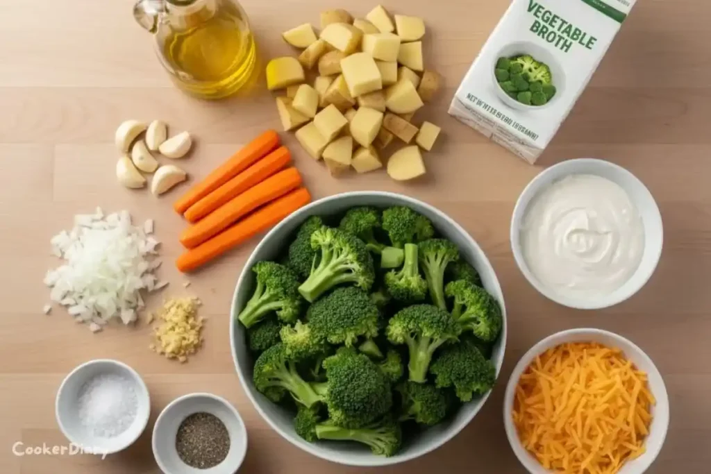 Flat-lay of broccoli potato soup ingredients on a wooden kitchen surface.