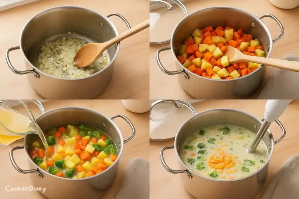 Four-step composite showing how to cook the soup from sautéing to blending.