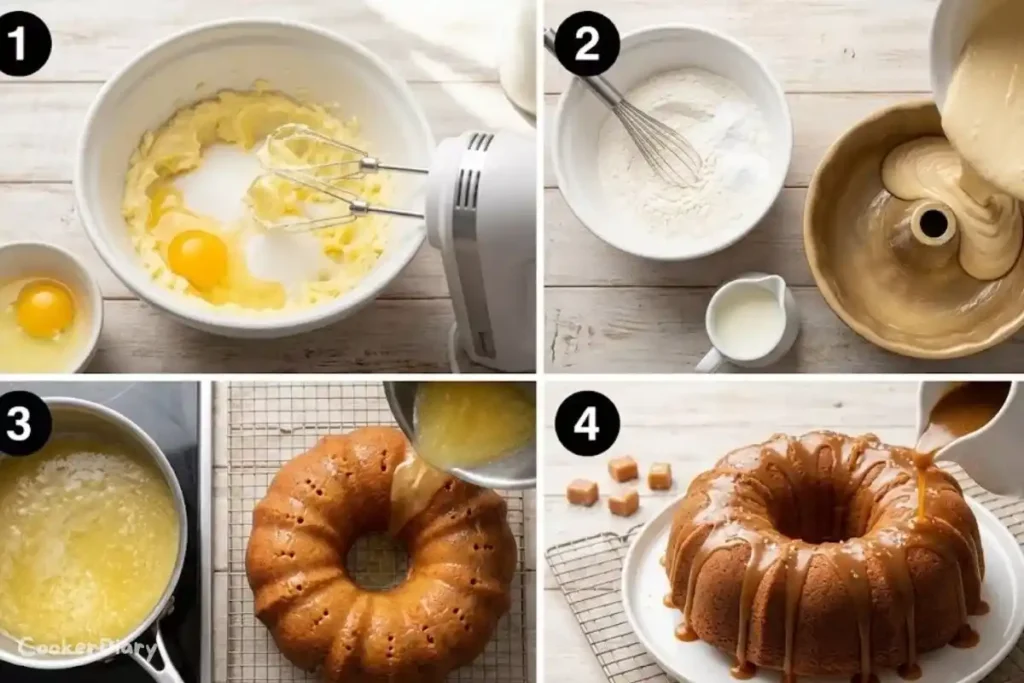 Four-step composite showing preparation of the butter cake from batter to caramel topping.