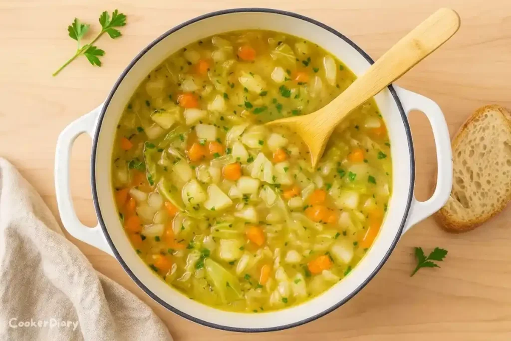 Top-down view of cabbage potato soup in a white Dutch oven with bread on a wooden counter.