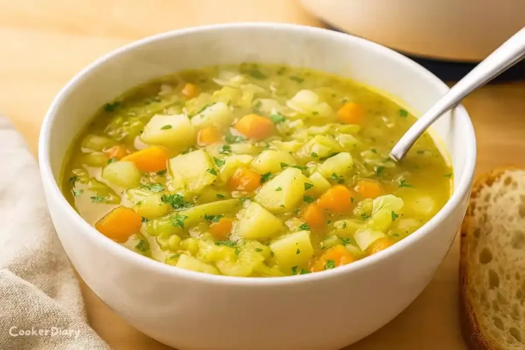 Angled close-up of cabbage potato soup in a white bowl with bread.