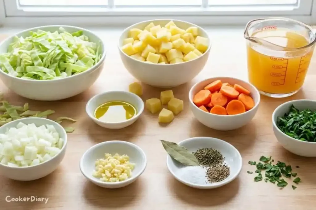 Flat-lay of fresh ingredients for cabbage potato soup on wooden surface.