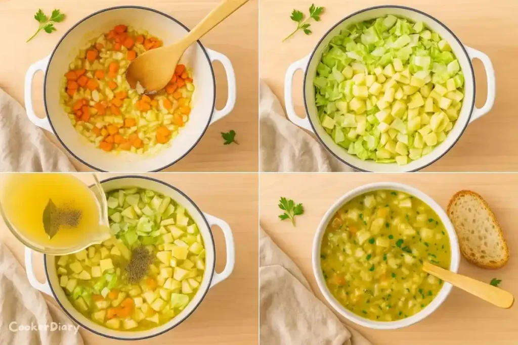 Four-step composite showing how to make the soup.