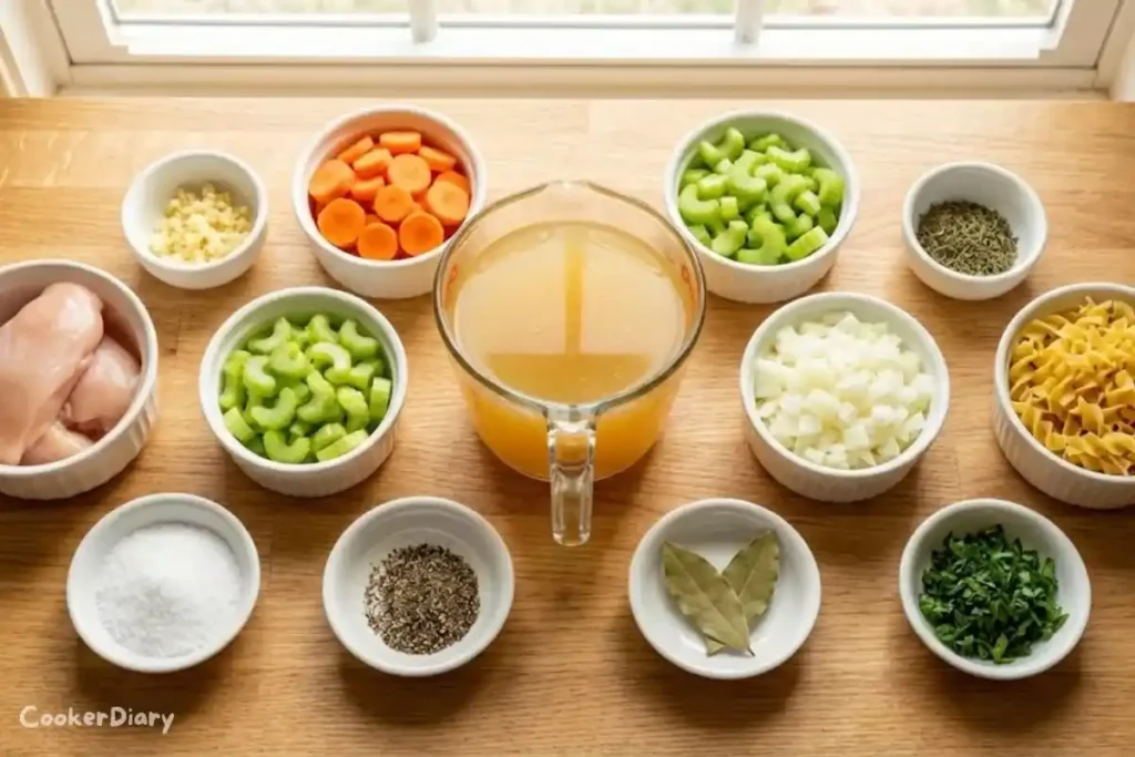 Flat-lay image of raw ingredients for crockpot chicken noodle soup on a wooden counter.