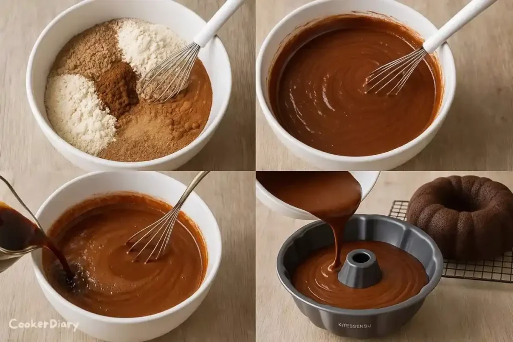 Four-step composite showing dry mixing, wet mixing, adding coffee, and filling a gray bundt pan.