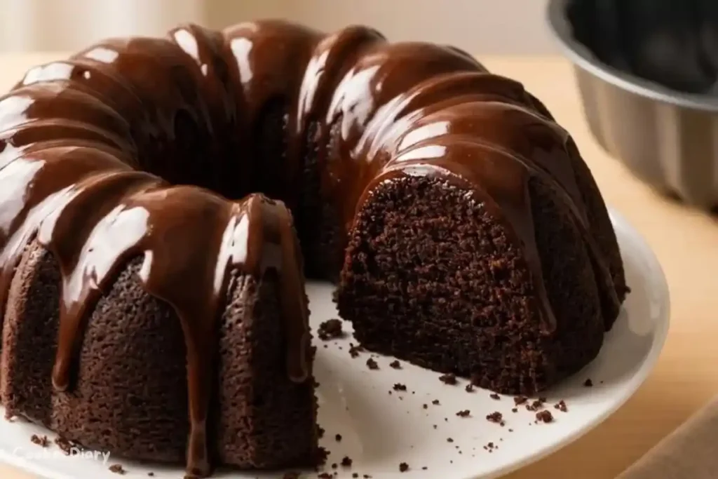 Close-up angled shot of glazed chocolate bundt cake with a slice removed.