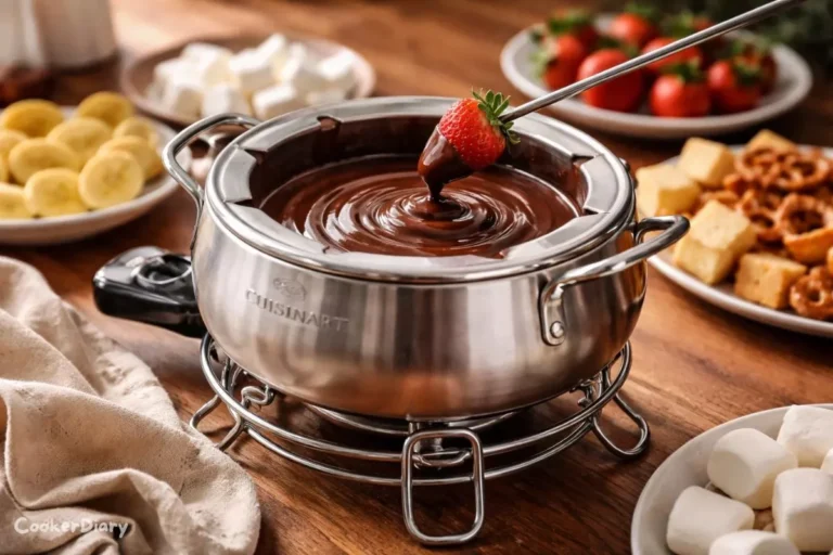 Close-up angled view of chocolate fondue in Cuisinart electric pot with fresh fruits and marshmallows.