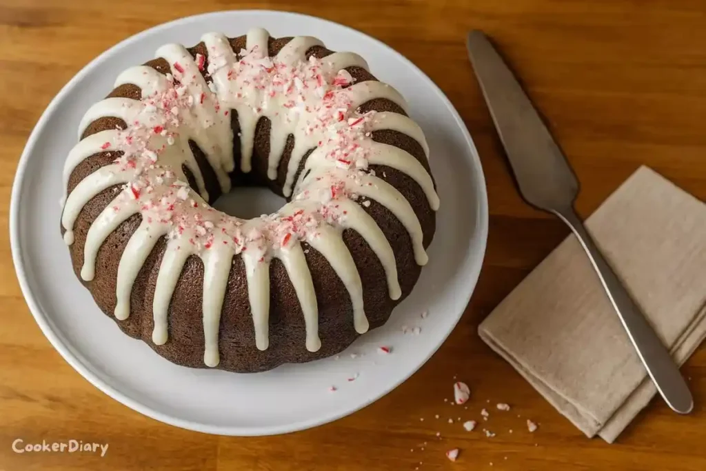 Top-down view of chocolate peppermint Bundt cake with glaze and crushed candy canes.