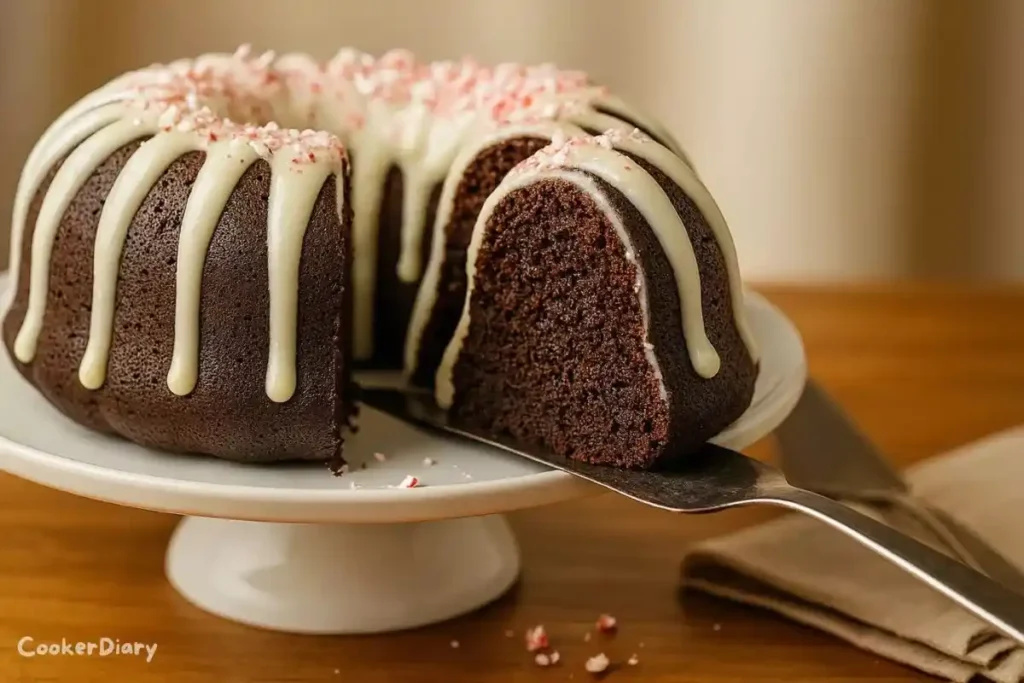 Close-up angled view of chocolate peppermint Bundt cake with glaze and candy cane topping.