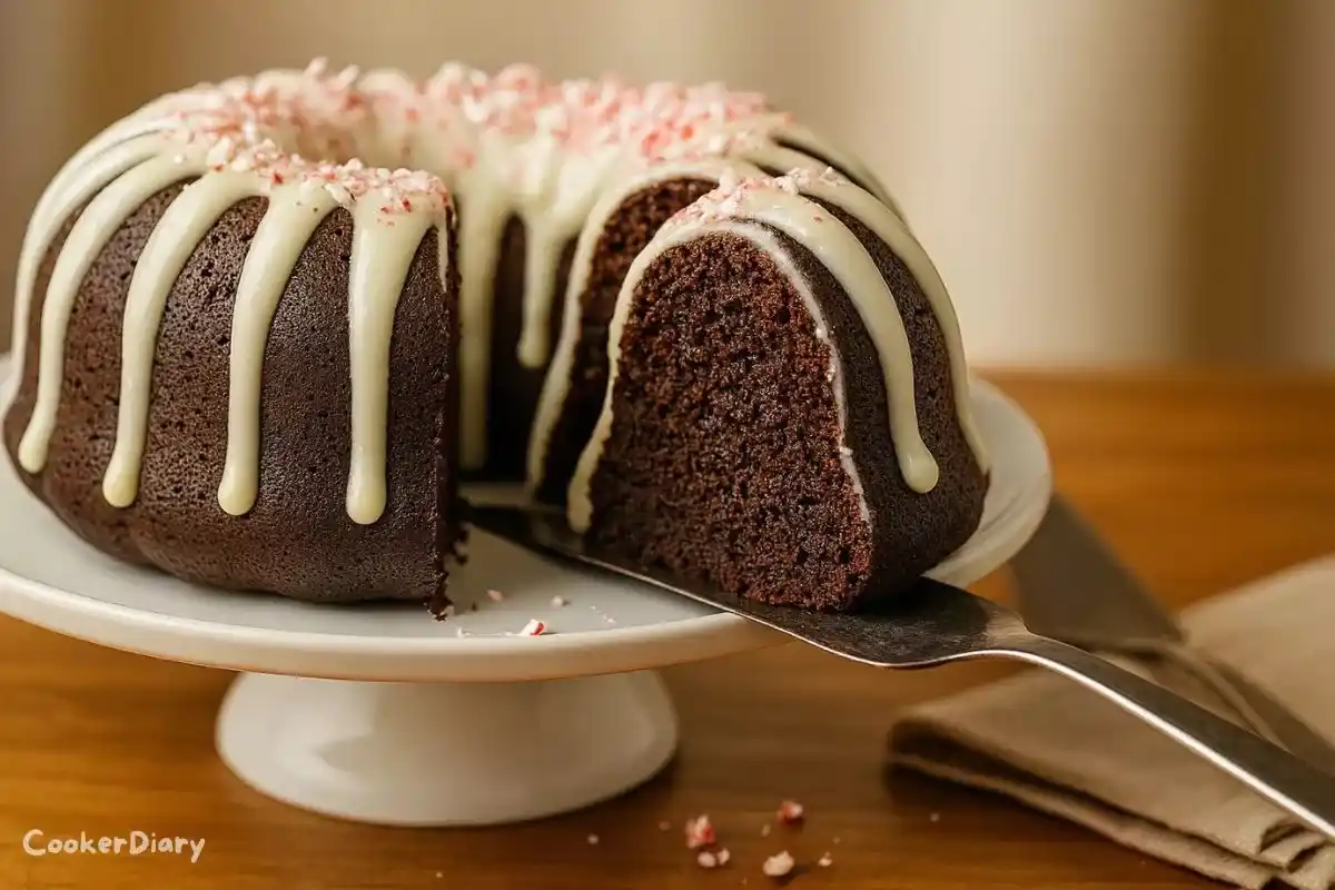 Close-up angled view of chocolate peppermint Bundt cake with glaze and candy cane topping.
