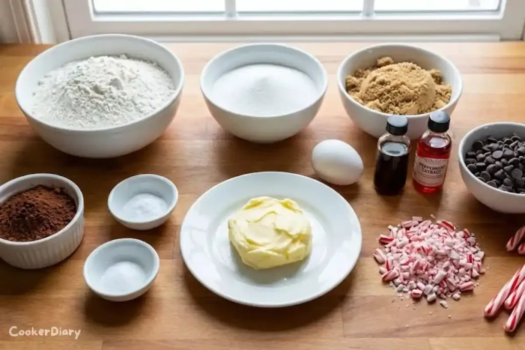 Flat-lay of cookie ingredients arranged on a wooden counter.