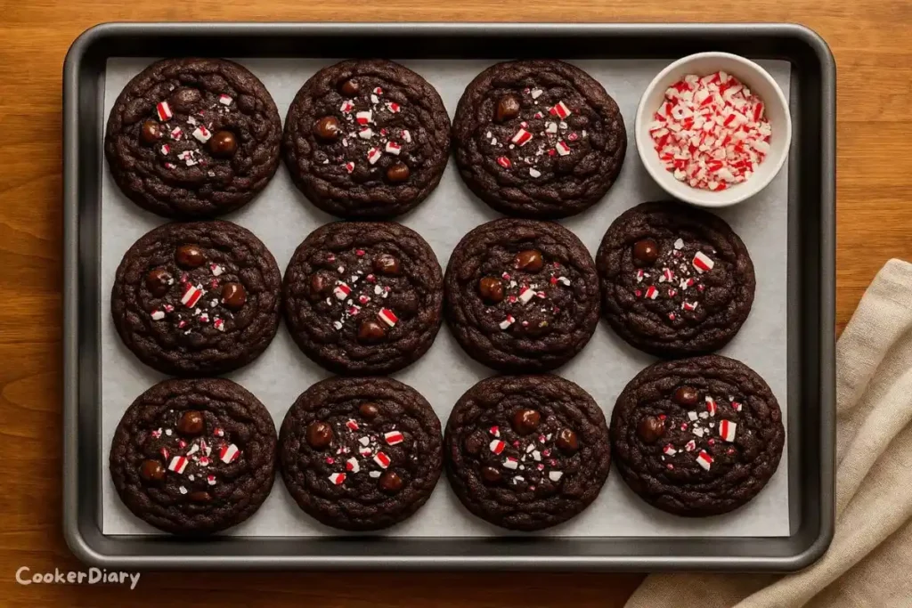 Top-down view of chocolate peppermint cookies on a parchment-lined baking sheet.