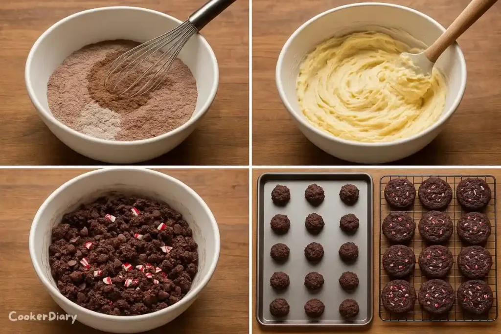 Four-step process showing mixing, creaming, folding, and baking the chocolate cookies.
