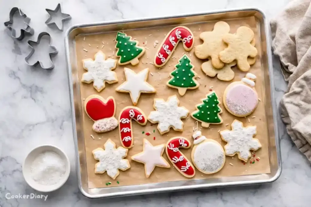 Top-down view of Christmas sugar cookies in festive shapes on parchment paper.