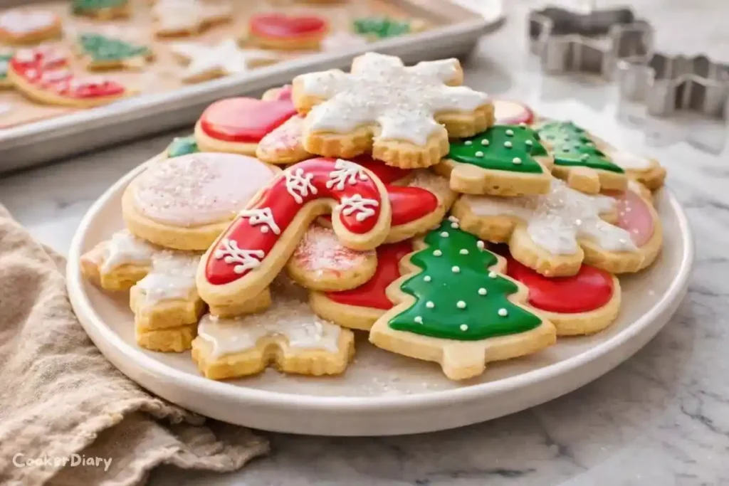 Angled close-up of stacked Christmas sugar cookies showing soft texture.