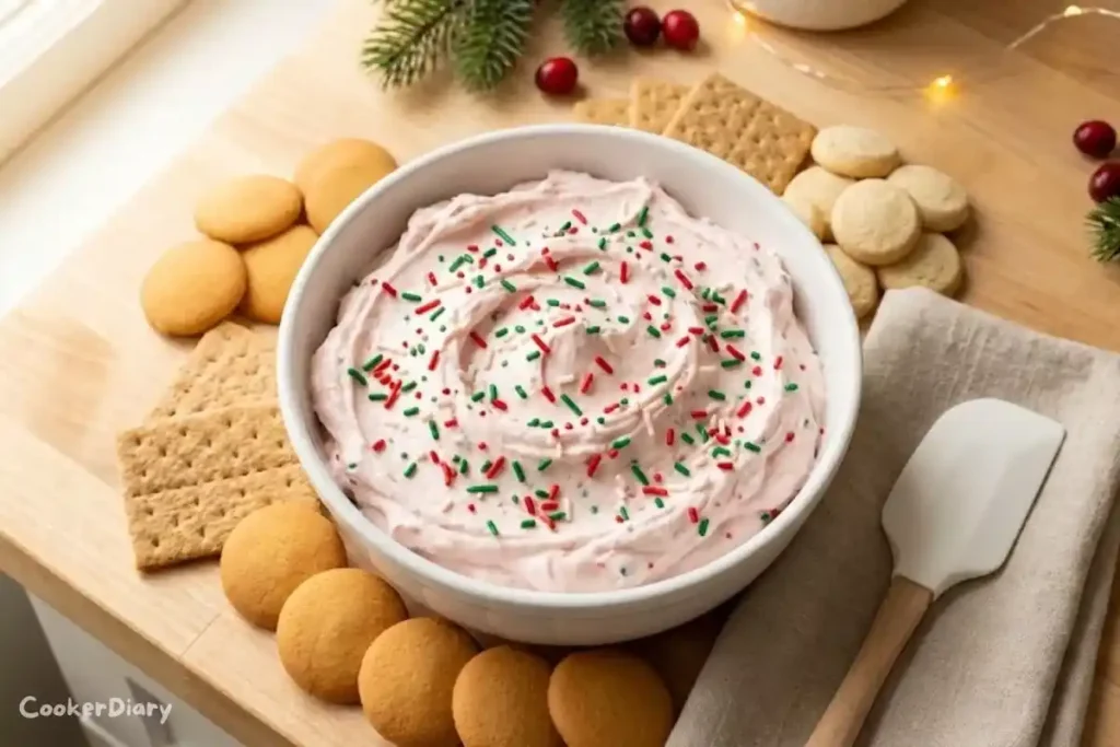 Top-down view of Christmas tree cake dip with sprinkles and cookies for dipping.