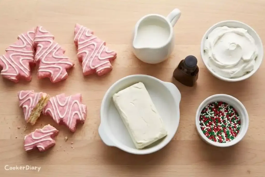 Flat-lay of ingredients for Christmas tree cake dip on wooden surface.