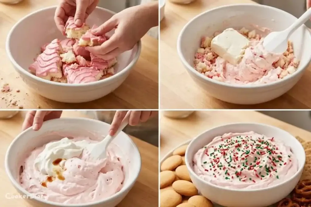 Step-by-step composite showing how to make Christmas tree cake dip from mixing to serving.
