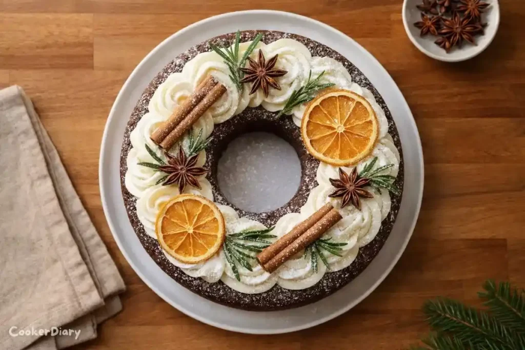 Top-down view of Christmas Wreath Cake with white frosting and festive decorations.