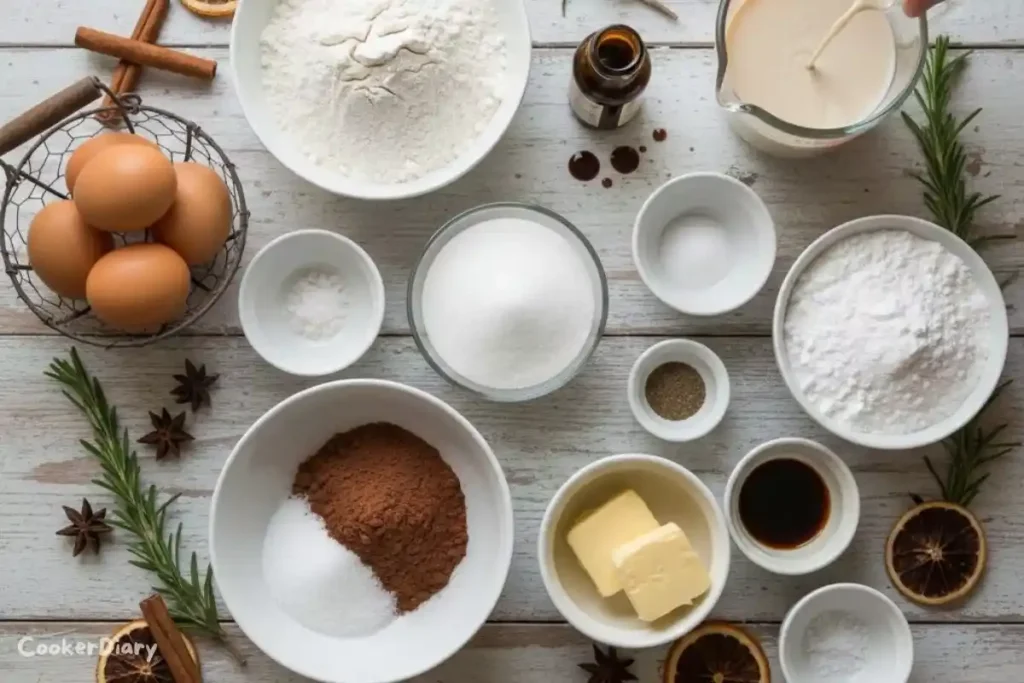 Flat-lay of raw ingredients for Christmas Wreath Cake on wooden counter.