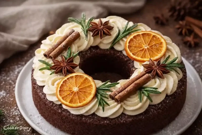 Angled close-up of Christmas Wreath Cake highlighting frosting swirls and holiday decorations.