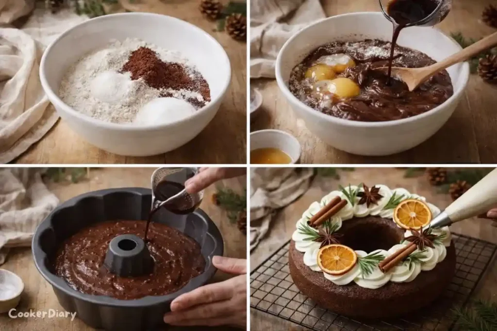 Four-step composite showing how to make the cake from mixing to frosting.