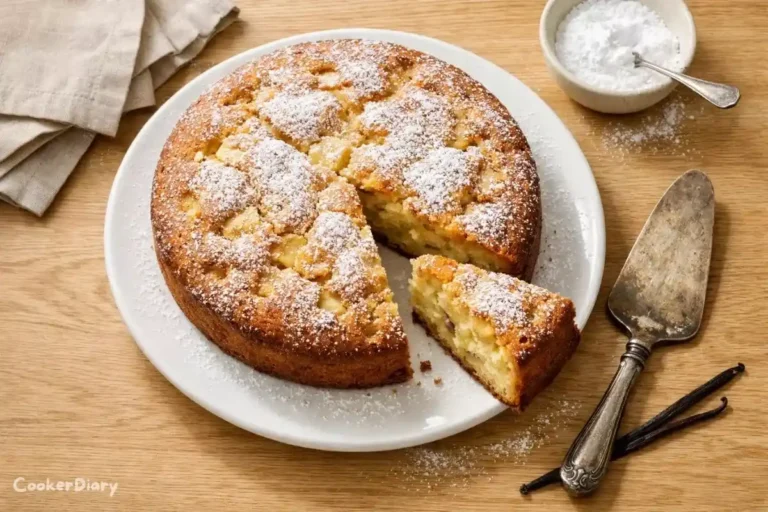 Top-down view of classic French apple cake dusted with powdered sugar on white cake stand.