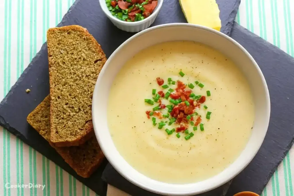 Top-down view of creamy Irish potato soup garnished with chives and bacon.