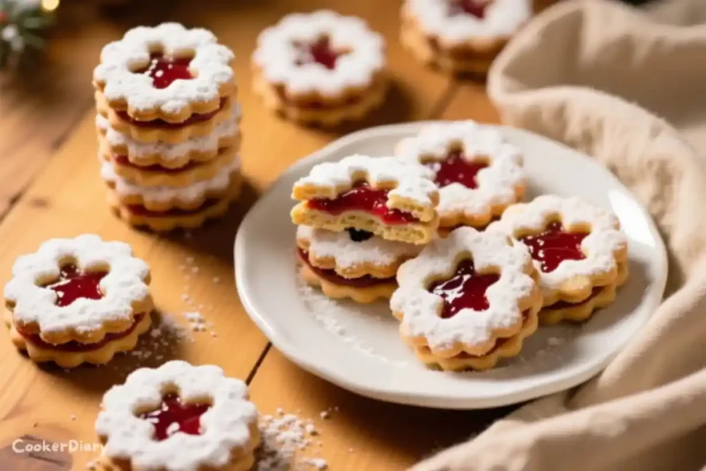 Top-down image of Linzer cookies with powdered sugar and raspberry jam centers on a wooden table.