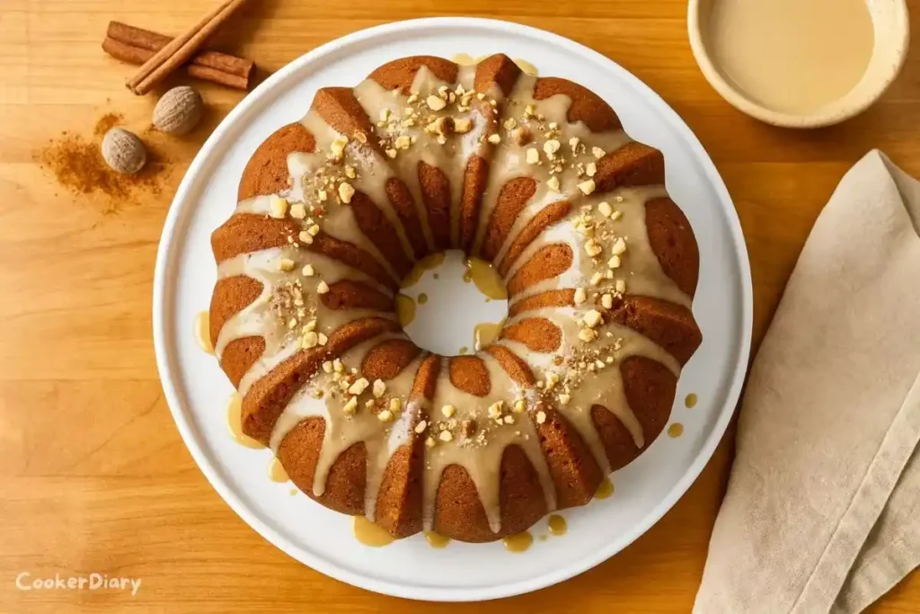 Top-down view of glazed pumpkin bundt cake on white cake stand.