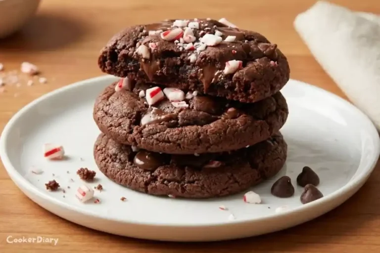Close-up angled photo of stacked chocolate peppermint cookies with candy cane pieces.