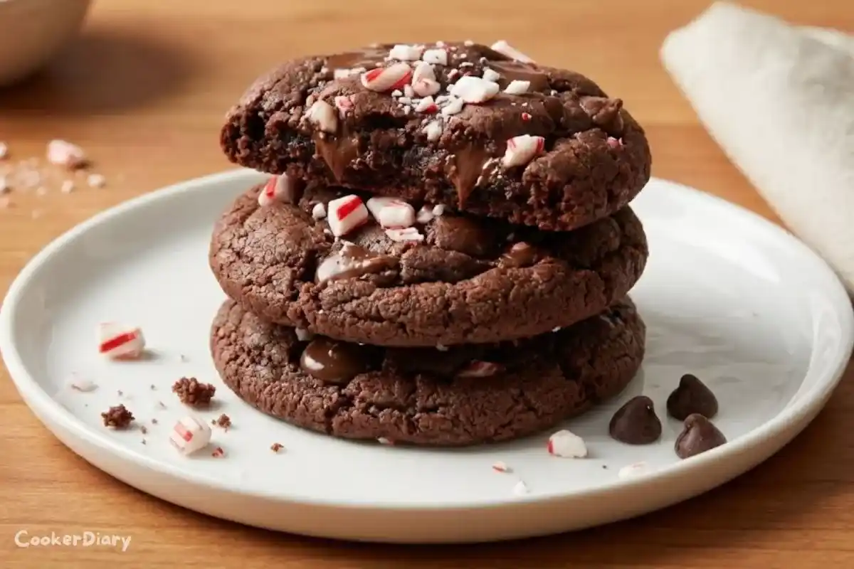Close-up angled photo of stacked chocolate peppermint cookies with candy cane pieces.