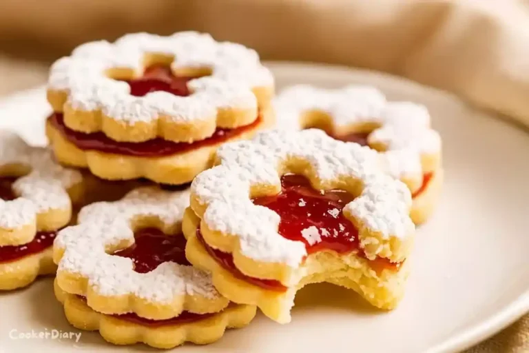 Angled close-up of Linzer cookies showing jam filling and scalloped sugar-dusted edges.