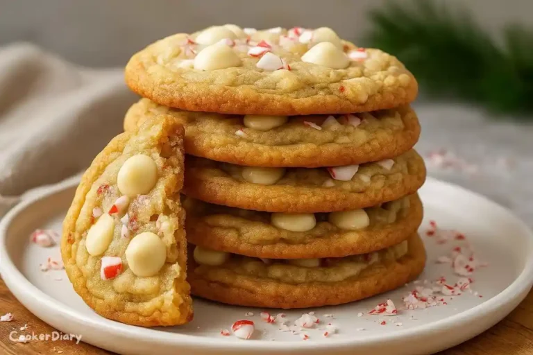 Angled close-up of white chocolate peppermint cookies stacked, showing soft interior crumb.