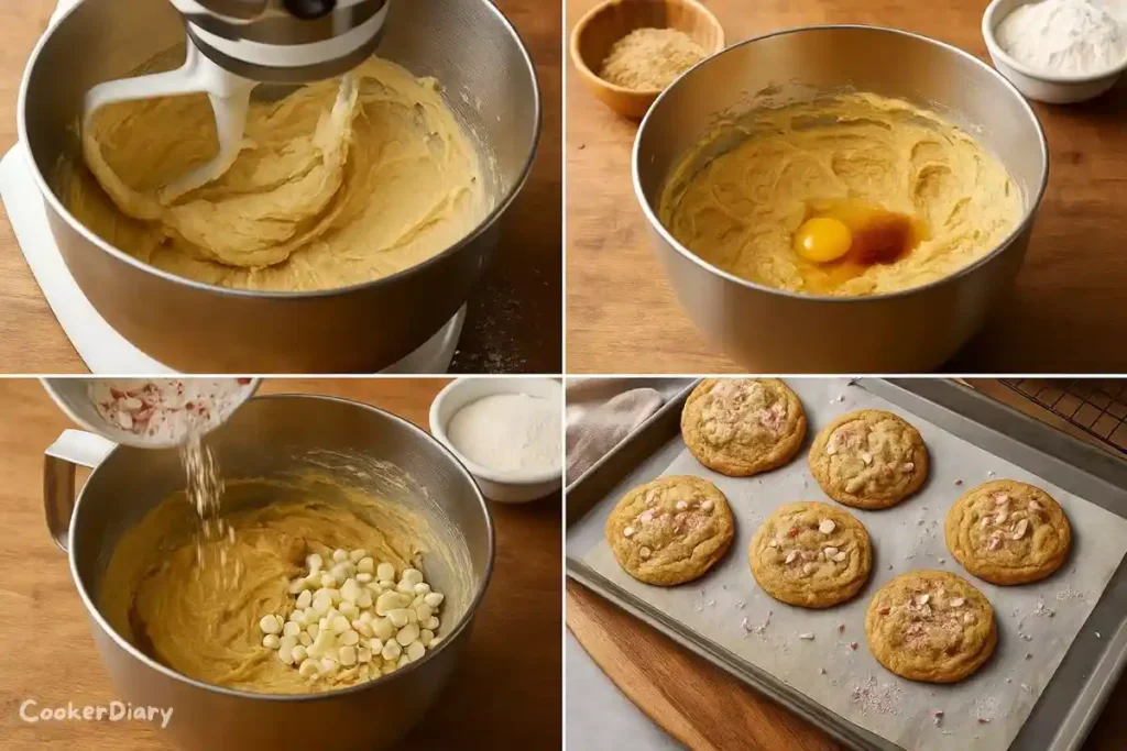 Four-frame sequence of making the cookies from mixing dough to baking.