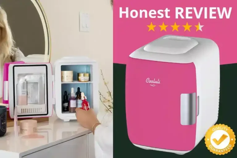 Cooluli mini fridge on a countertop storing drinks and skincare products