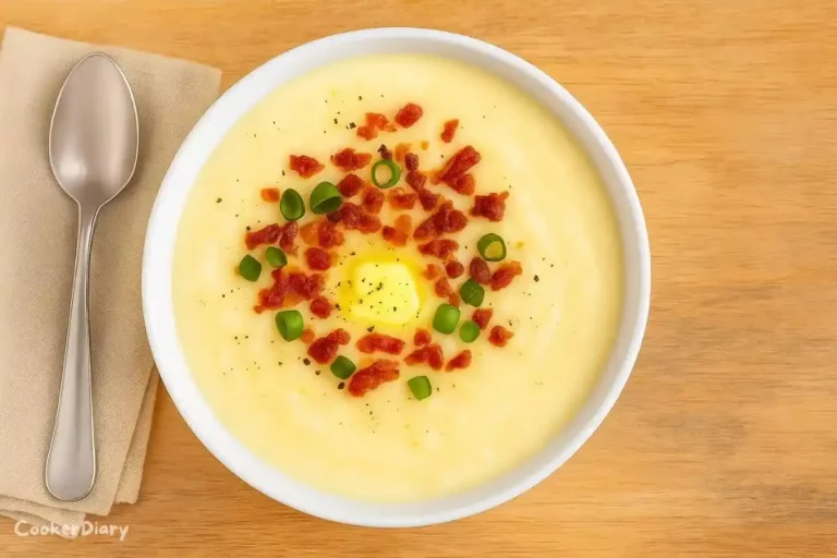 Angled close-up of creamy potato soup with butter and pepper.