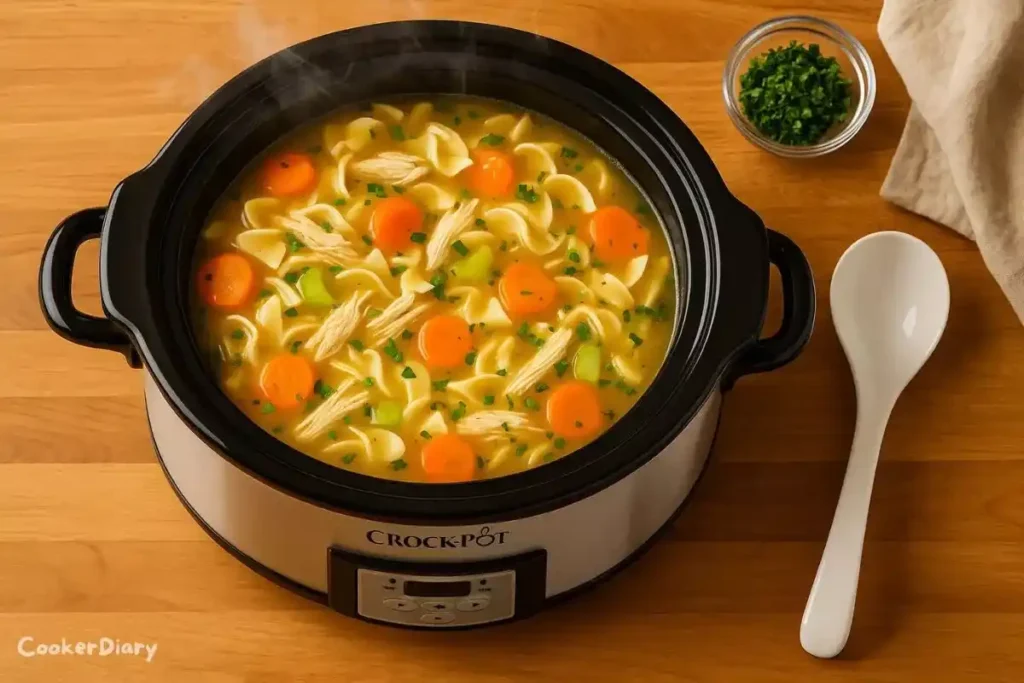 Top-down view of crockpot chicken noodle soup with noodles, vegetables, and shredded chicken.
