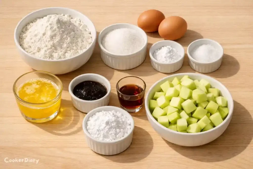 Flat-lay of French apple cake ingredients on wooden counter.
