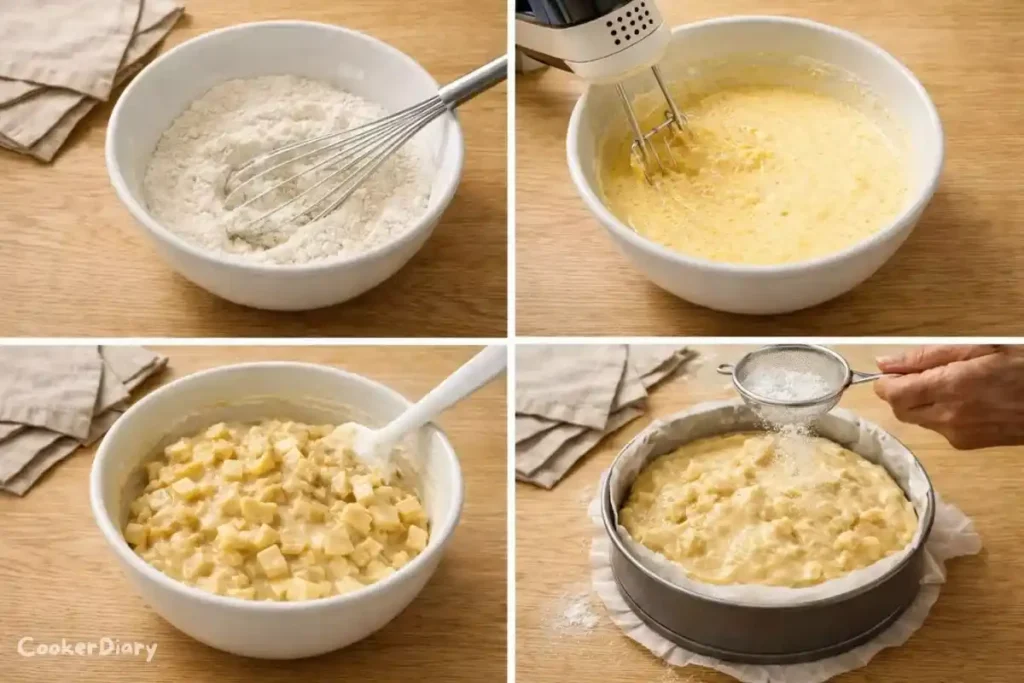 Four-step visual guide to making the cake.