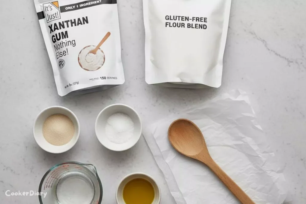 Flat-lay of gluten-free pizza crust ingredients on a stone counter.