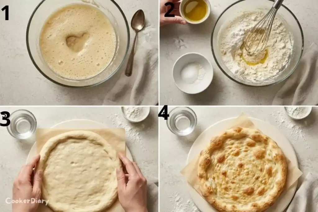 Step-by-step composite showing how to make the pizza crust.