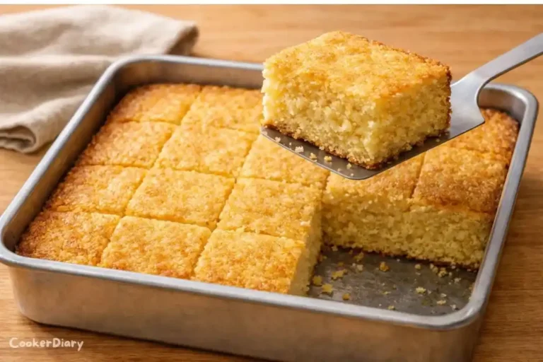 Angled close-up of sliced homemade corn cake showing moist crumb texture.