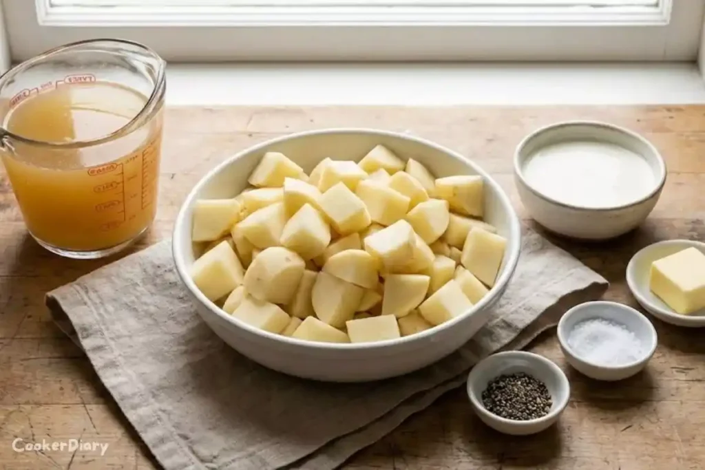 Flat-lay of diced potatoes, broth, cream, and butter on wooden surface.
