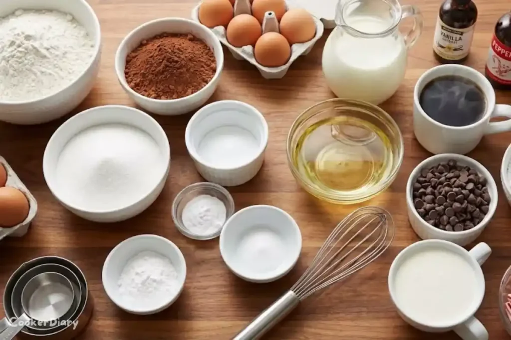 Flat-lay of chocolate peppermint Bundt cake ingredients on wooden counter.