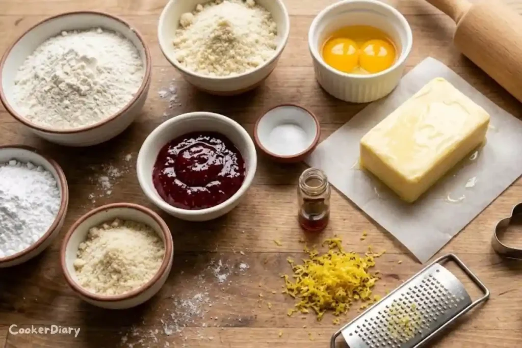 Flat-lay of ingredients for Linzer cookies arranged in bowls on rustic wood.