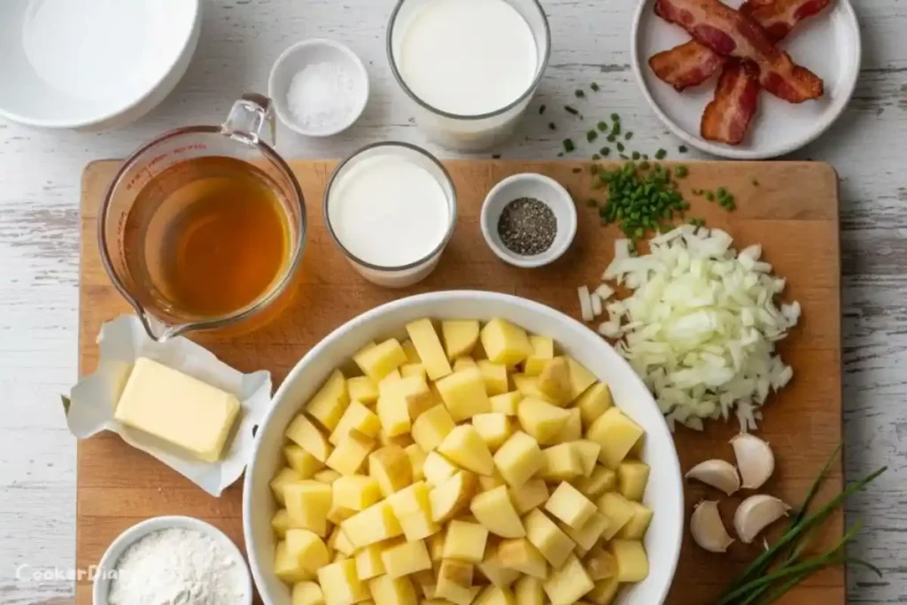 Flat-lay of Irish potato soup ingredients on a wooden counter.