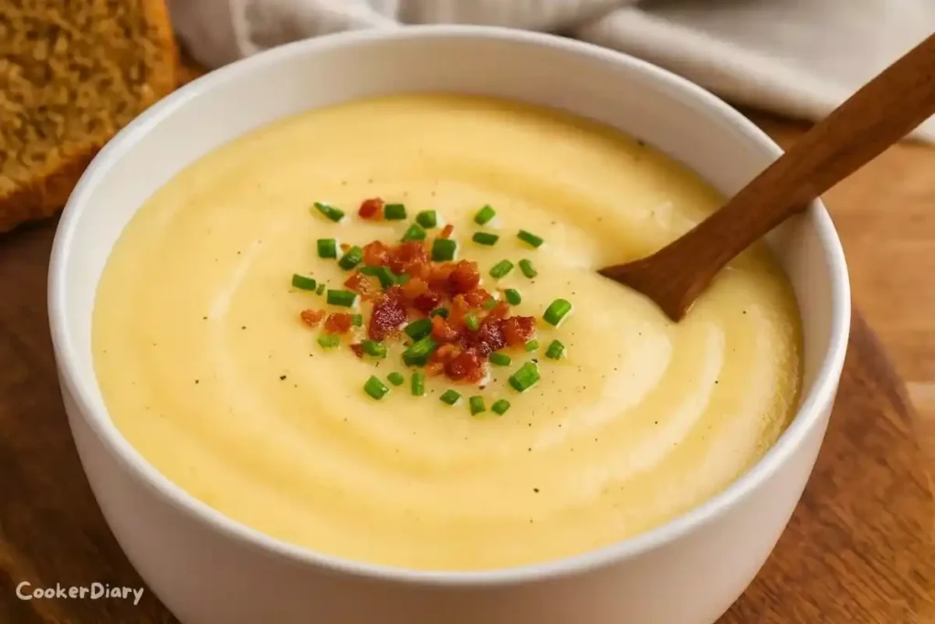 Angled close-up of creamy Irish potato soup with chives and bacon topping.